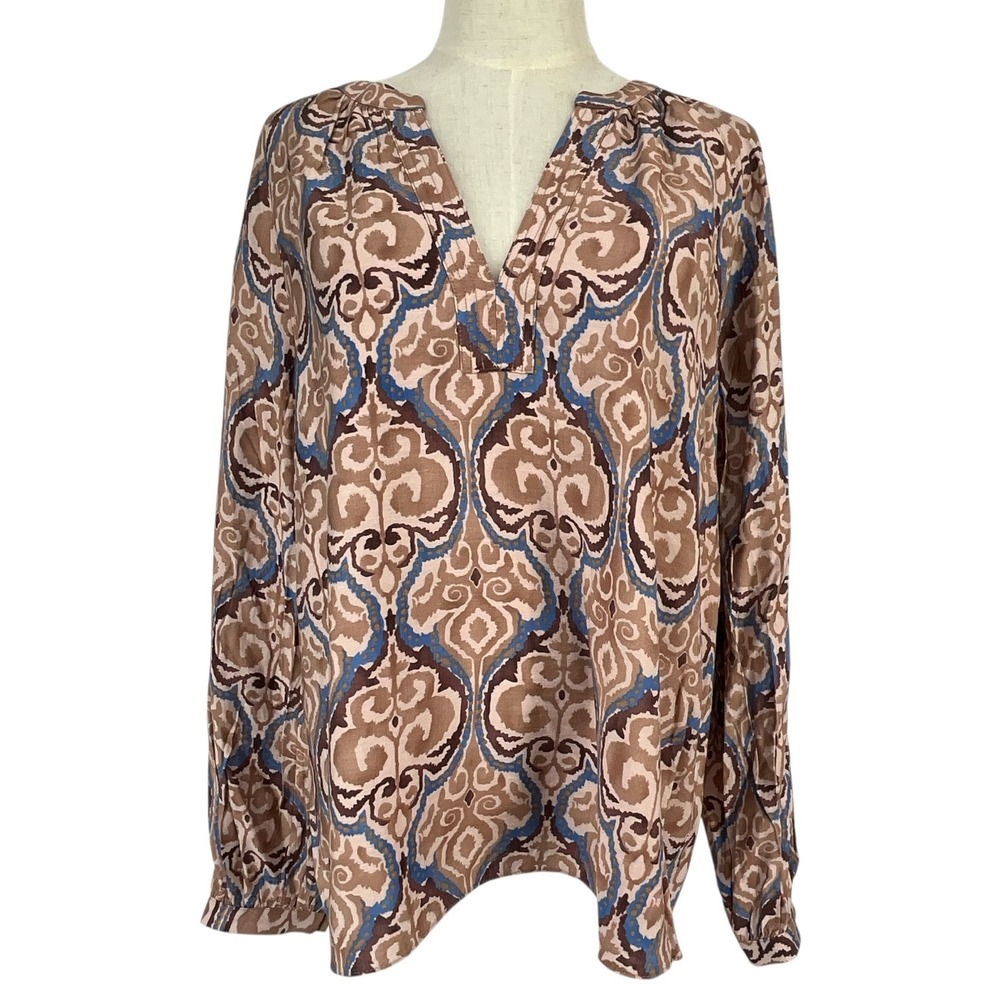 Current Air Los Angeles Anthropologie Damask Ikat Print V-Neck Blouse L